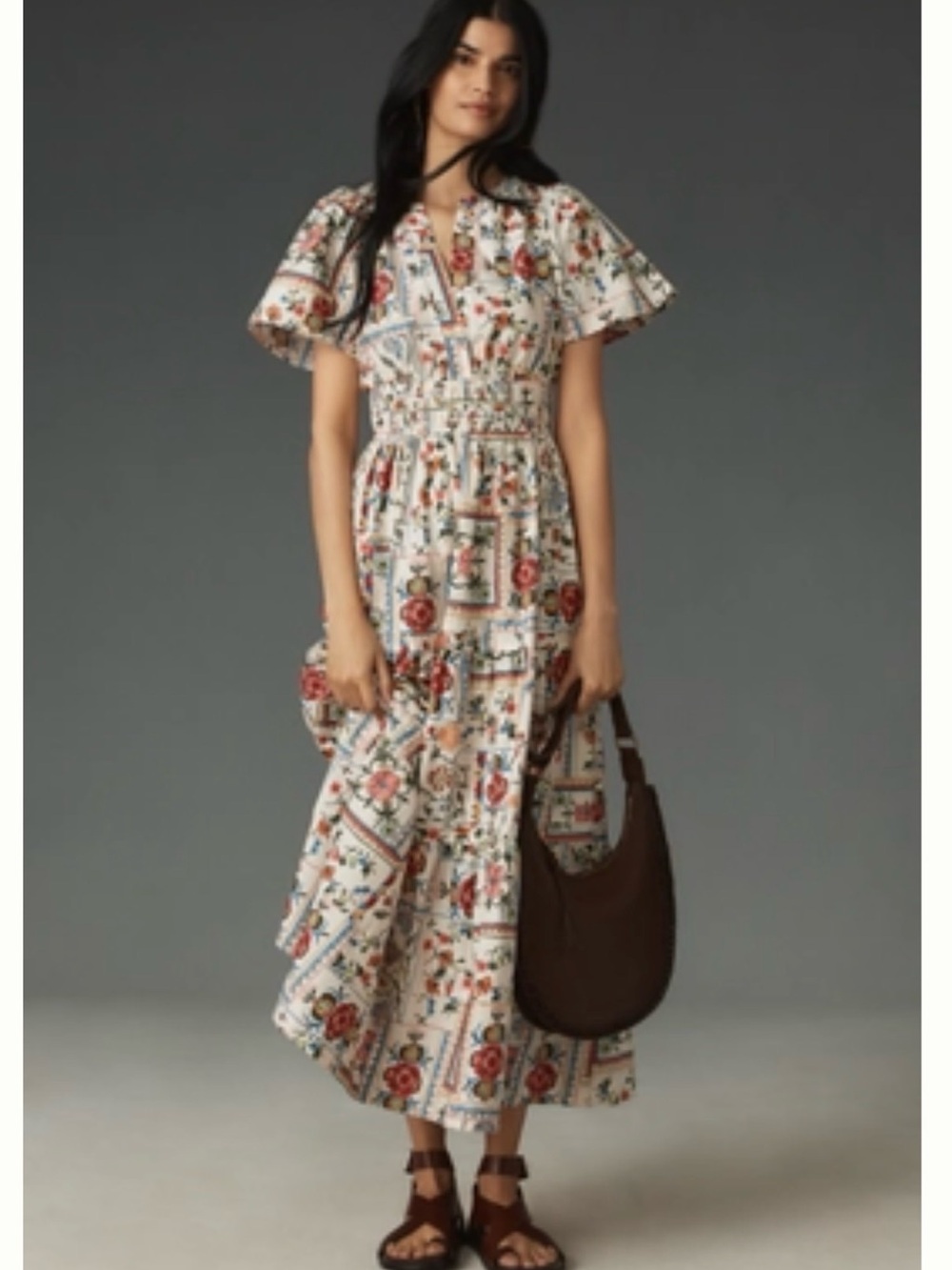 Anthropologie Floral Smocked Waist Maxi Dress - Cream with Red Floral